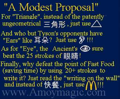 Chinese characters were simplified, but they could go further.  Instead of 25 strokes for eye, why not just 3.  Or instead of 20+ strokes for Fast Food, why not the golden arches?  Or a real triange for triangle, instead of 17 strokes!  Amoy Magic--Guide to Xiamen and Fujian travel, tourism, expatriates, Xiamen University, research, study, investment, business, trade, history, culture, deng deng!