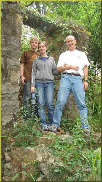 Sam Sarah and Sammy Burgess at the ruins of a late nineteenth century Anmerican missionary home on a mountain  north of Putian