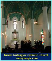 The beautiful green wooden vaulted ceiling of Gulangyu's Catholic church