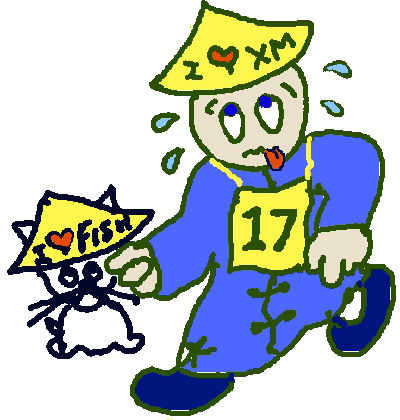Cartoon of Bill and cat running xiamen international marathon