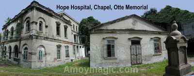 Hope Hospital Today; the hospital is in back, the chapel to the right, and the Otte Memorial is in front of the chapel